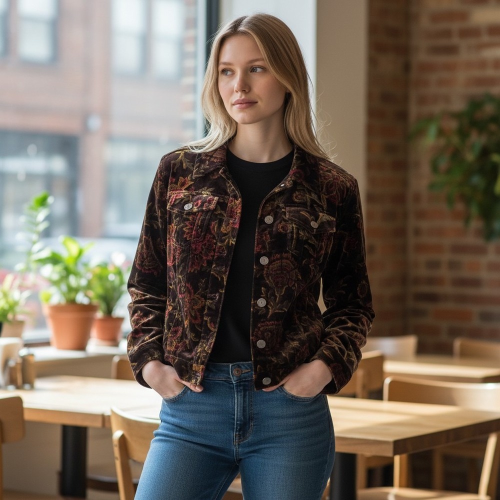 Sundance Silk Blend Velvet Trucker Jacket Burgundy Floral Paisley Womens Small
